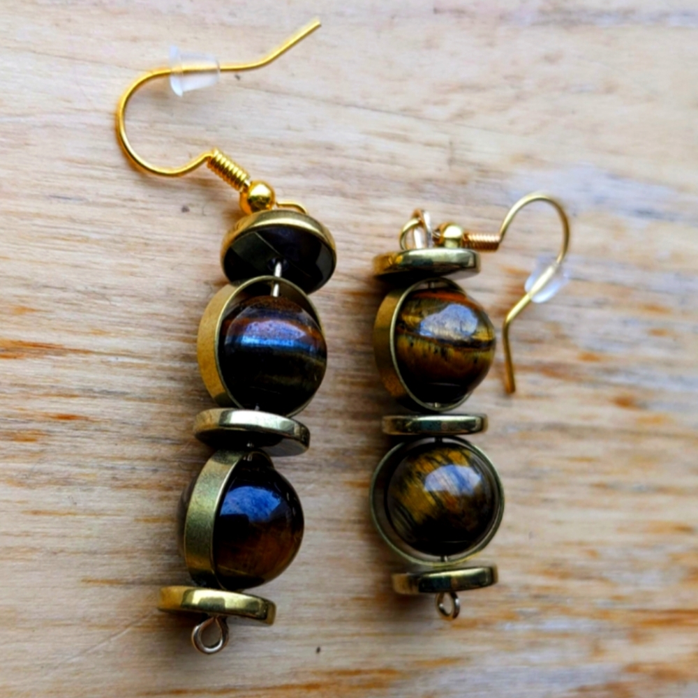 Layered Circle-framed Brass Earrings with Tigers Eye Stone and Reishi Beads